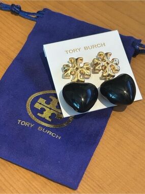 Tory Burch Black Heart Drop Earrings with Gold Logo Tops
